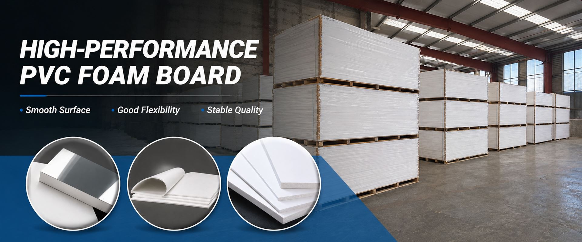 PVC foam board manufacturer in China showing warehouse stock and high-performance PVC foam board products